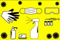 Antivirus protection equipment - mask and gloves, soap and dispenser, protective glasses and vaccine