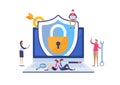 Antivirus security protection application. Programmer`s working data network. Flat cartoon miniature illustration vector.