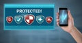 Antivirus security protection shields and hand holding phone Royalty Free Stock Photo