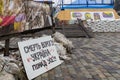 Antiwar poster in Kharkiv, Ukraine . Freedom Square in Kharkiv during the Russian invasion in Ukraine