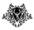 Antler deer head heraldic shield with rose flowers ornament black and white vector design