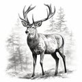 Antlered Deer North America in the forest Illustration black and white