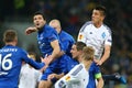 Antolin Alcaraz and Yevhen Khacheridi hanging in the air, UEFA Europa League Round of 16 second leg match between Dynamo and Evert