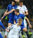 Antolin Alcaraz and Yevhen Khacheridi performing header, UEFA Europa League Round of 16 second leg match between Dynamo and Royalty Free Stock Photo