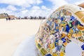 Antonio Gaudi mosaic work on main terrace at Park Guell, Barcelona, Spain. Royalty Free Stock Photo