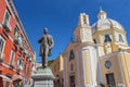 Antonio Scialoja statue on Terra Murata quarter and Santa Maria delle Grazie church, Marina di Corricella, Procida, Gulf of Naples