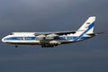 Antonov Heavy An124 Cargo Freighter Aircraft landing in stormy blue sky Royalty Free Stock Photo