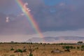 Rainbow sunrays bursting into clouds wildlife animals grazing on the savannah grasslands at the Maasai Mara National Game Reserve