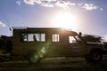 Landcruiser Toyota vehicle van parked in the Savannah grasslands of the Maasai Mara National Game Reserve park Rift Valley