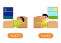 Antonyms concept, ASLEEP and AWAKE. Educational word card with opposites.