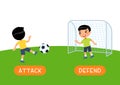 Antonyms concept, ATTACK and DEFENDED. Educational word card with opposites.