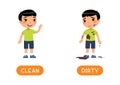 Antonyms concept, DIRTY and CLEAN. Educational word card with opposites.