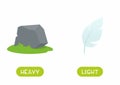 Antonyms concept, HEAVY and LIGHT. Educational flash card with stone and feather template