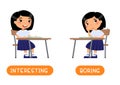 Antonyms concept, INTERESTING and BORING Educational word card with opposites.