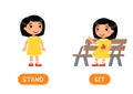 Antonyms concept, STAND and SIT. Educational flash card with little child template Royalty Free Stock Photo