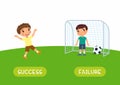 Antonyms concept, SUCCES and FAILURE. Boys playing soccer. Educational flash card with little child template. Word card for englis