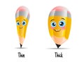 Antonyms concept, Thick, Thin. Educational flash Card with yellow Pencils for English language learning with Opposites