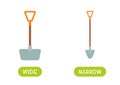 Antonyms concept, WIDE and NARROW. Educational flash card with shovels of different widths template. Royalty Free Stock Photo