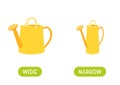 Antonyms concept, WIDE and NARROW. Educational flash card with yellow watering cans of different widths template.