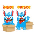 Antonyms and opposites. Cartoon monster character cards for learning english language. Inside and outside Royalty Free Stock Photo