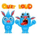 Antonyms and opposites. Cartoon monster character cards for learning english language. Quiet and loud