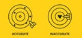 Antonyms with precision and imprecision, hitting the target. Yellow black flat vector banner. Royalty Free Stock Photo