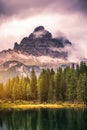 Antorno lake with famous Tre Cime di Lavaredo (Drei Zinnen) mount. Dolomite Alps, Province of Belluno, Italy, Europe. Beauty of n Royalty Free Stock Photo