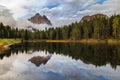 Antorno lake with famous Tre Cime di Lavaredo (Drei Zinnen) mount. Dolomite Alps, Province of Belluno, Italy, Europe. Beauty of n Royalty Free Stock Photo