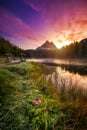 Antorno lake with famous Tre Cime di Lavaredo Drei Zinnen moun