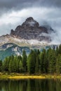 Antorno lake with famous Tre Cime di Lavaredo (Drei Zinnen) mount. Dolomite Alps, Province of Belluno, Italy, Europe. Beauty of n Royalty Free Stock Photo