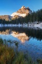 Antorno lake with famous Tre Cime di Lavaredo (Drei Zinnen) mount. Dolomite Alps, Province of Belluno, Italy, Europe. Beauty of n Royalty Free Stock Photo