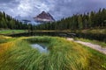 Antorno lake with famous Tre Cime di Lavaredo (Drei Zinnen) mount. Dolomite Alps, Province of Belluno, Italy, Europe. Beauty of Royalty Free Stock Photo