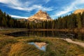 Antorno lake with famous Tre Cime di Lavaredo Drei Zinnen mount. Dolomite Alps, Province of Belluno, Italy, Europe. Beauty of Royalty Free Stock Photo