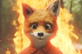 Antropomorphic fox in orange shirt in front of burning forest, close portrait with skittish smile, neural network