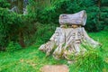 Antropomorphic stump sculpture against the forest, on July 24 in Yablunytsya, Ukraine