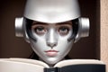 An antropomothic robot android reading a book, concept of machine learning. AI generative