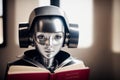 An antropomothic robot android reading a book, concept of machine learning. AI generative