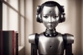 An antropomothic robot android reading a book, concept of machine learning. AI generative