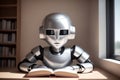 An antropomothic robot android reading a book, concept of machine learning. AI generative