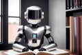 An antropomothic robot android reading a book, concept of machine learning. AI generative