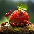 Ants around a strawberry Royalty Free Stock Photo