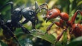 Close-up of two ants, one black and one red, facing each other on a green leaf Royalty Free Stock Photo