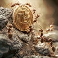 Ants building a Bitcoin mine showcasing teamwork in crypto mining Royalty Free Stock Photo