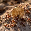 Ants building a Bitcoin mine showcasing teamwork in crypto mining Royalty Free Stock Photo