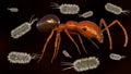 3d rendering of ants and scattered bacteria cells
