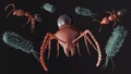 3d rendering of ants and scattered bacteria cells