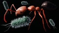3d rendering of ants and scattered bacteria cells