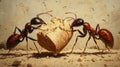Two red ants working together to carry a large piece of bread on sandy ground Royalty Free Stock Photo