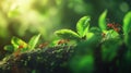 Teamwork Ants Carrying Leaf in Forest Sunlight Macro Shot Royalty Free Stock Photo