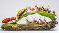 Ants Working Together Carrying Food on Leaf Bridge with Larva on Log Royalty Free Stock Photo